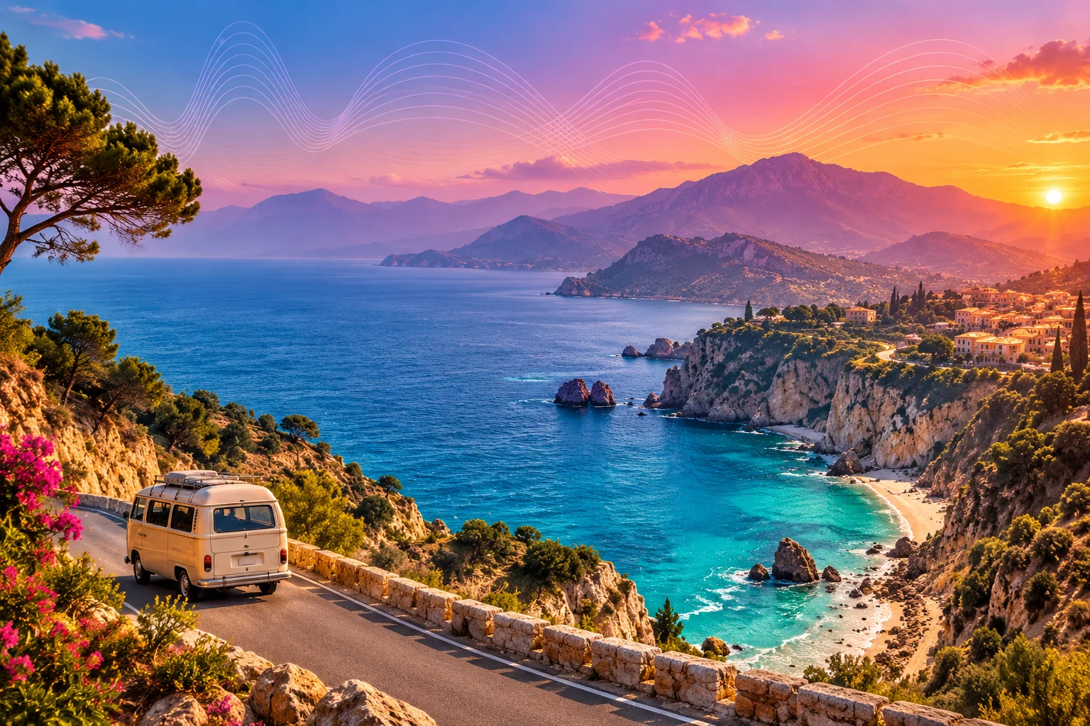 A camper van follows a turquoise coastal road beneath a sunset sky traced with soundwaves.